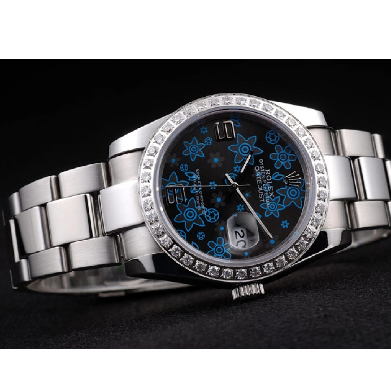 Rolex aaa copy Dark Rolex Polished Stainless Blue Dial Datejust Flowers Steel Diamond Plated 0731